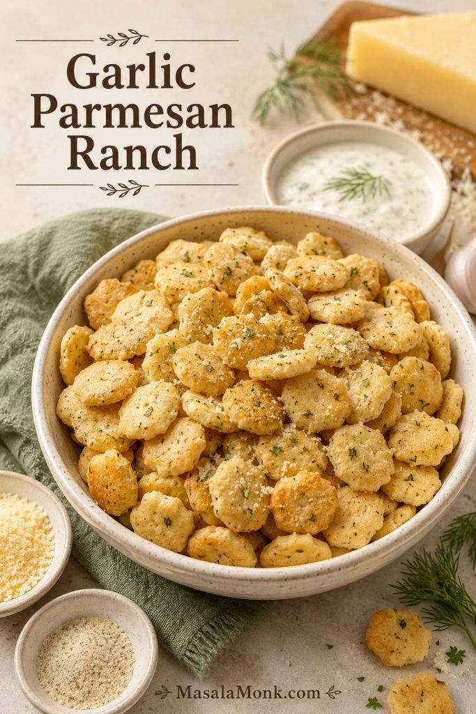 Garlic Parmesan ranch oyster crackers in a bowl with grated Parmesan, garlic powder, parsley, and Parmesan wedge.