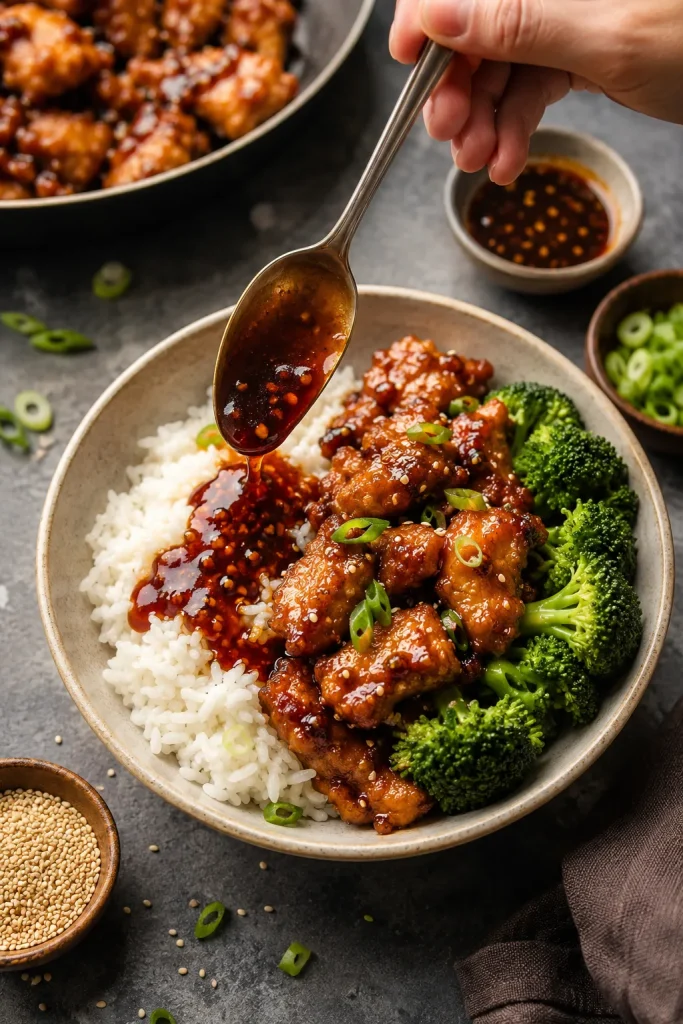 General Tso chicken bowl with rice, broccoli, and glossy chicken while extra sauce is spooned onto the rice side.