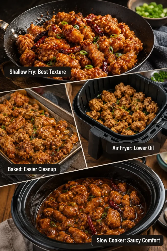 Four-panel comparison showing shallow fried, air fryer, baked, and slow cooker versions of General Tso chicken.