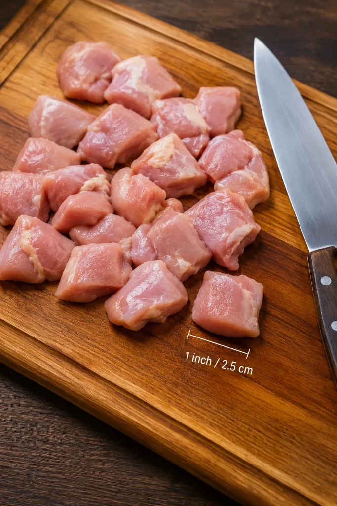 Raw boneless chicken pieces cut into one-inch chunks on a wooden cutting board with a knife and a 1 inch / 2.5 cm measurement label.