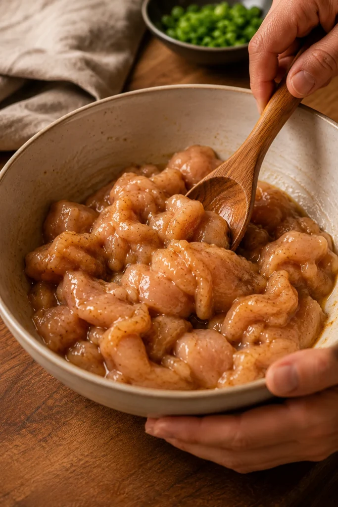Chicken pieces being mixed in a ceramic bowl with egg white, soy sauce, pepper, and marinade on a wooden surface.