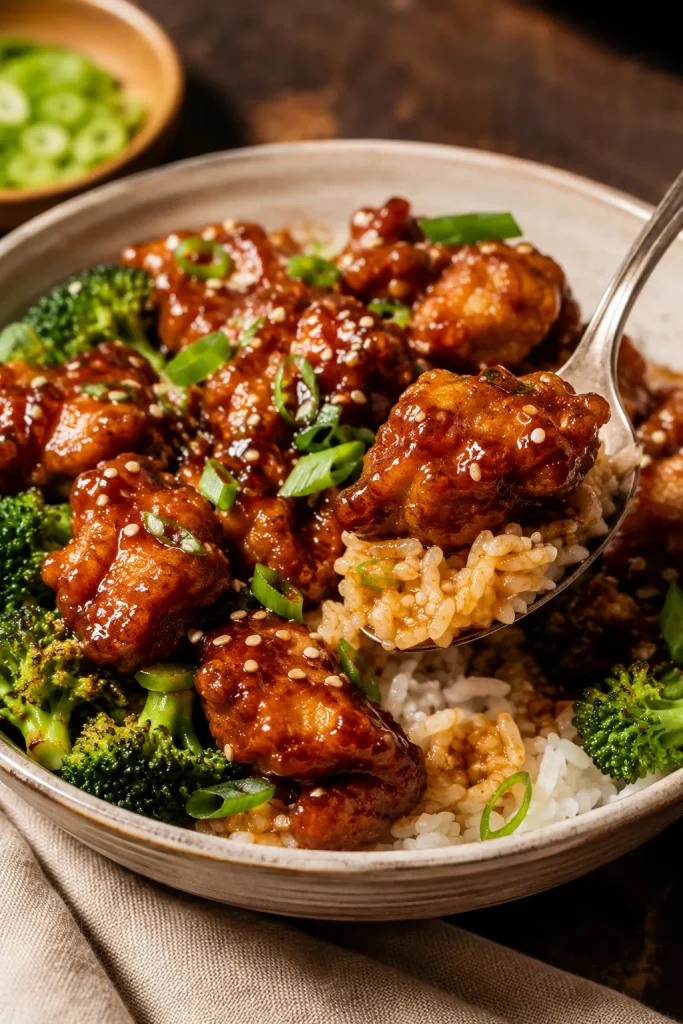 Close-up of finished General Tso chicken over white rice with broccoli, scallions, sesame seeds, and a spoon lifting rice and chicken.