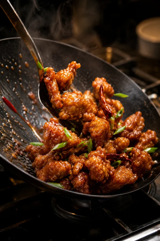 Fried chicken pieces being tossed in glossy General Tso sauce in a black wok with scallions, dried chilies, and steam.