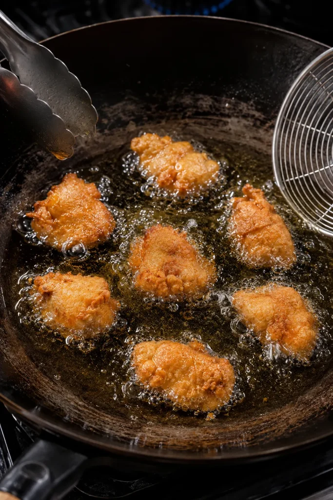 Several golden chicken pieces frying in a single layer with visible space between them in hot oil inside a dark wok.
