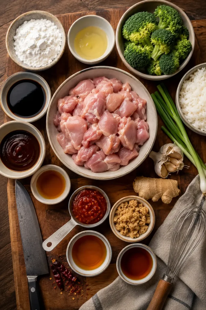 Ingredient board with chicken, cornstarch, egg white, soy sauce, hoisin sauce, rice vinegar, garlic, ginger, chilies, sesame oil, rice, broccoli, scallions, and seasonings.