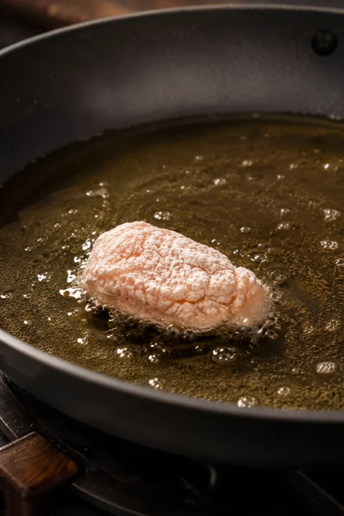 Single cornstarch-coated chicken piece sizzling in shallow oil with small bubbles around it in a dark skillet.