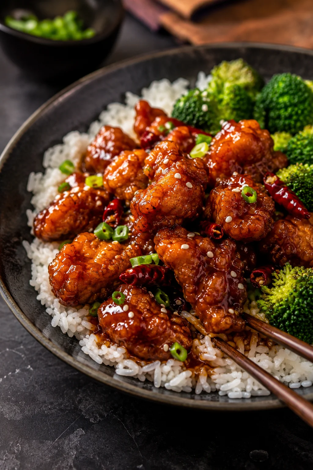 Bowl of glossy General Tso chicken over white rice with broccoli, scallions, sesame seeds, and dried red chilies on a dark surface.