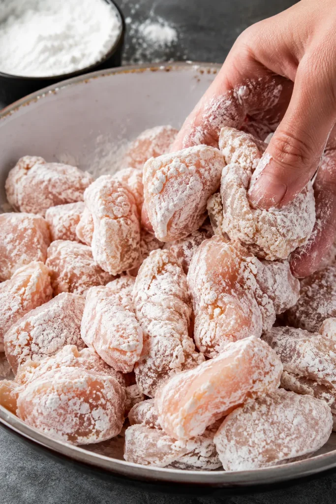 Close-up of chicken pieces tossed in cornstarch with a rough, patchy, mostly dry coating in a bowl.
