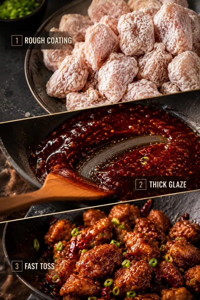 Three-panel guide showing rough cornstarch-coated chicken, thick General Tso sauce with a spatula trail, and fried chicken tossed in sauce.