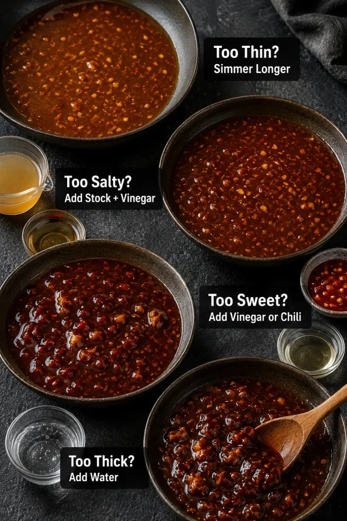 Troubleshooting guide with bowls of General Tso sauce labeled too thin, too salty, too sweet, and too thick, with suggested fixes.