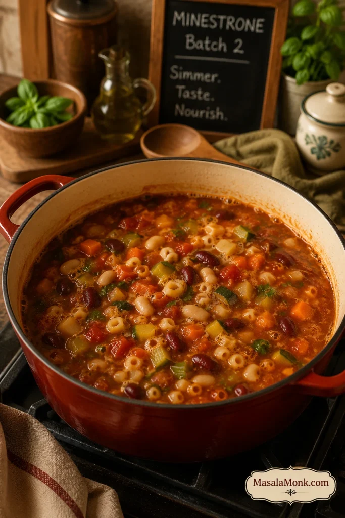 Minestrone soup gently simmering in a Dutch oven with tomato broth, beans, carrots, celery, pasta, and vegetables.