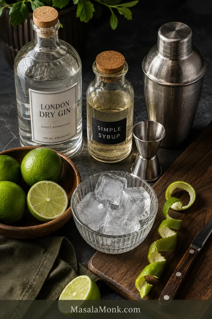 Gin bottle, fresh limes, simple syrup jar, ice bowl, lime twist, jigger, shaker, and knife arranged for a Gimlet.