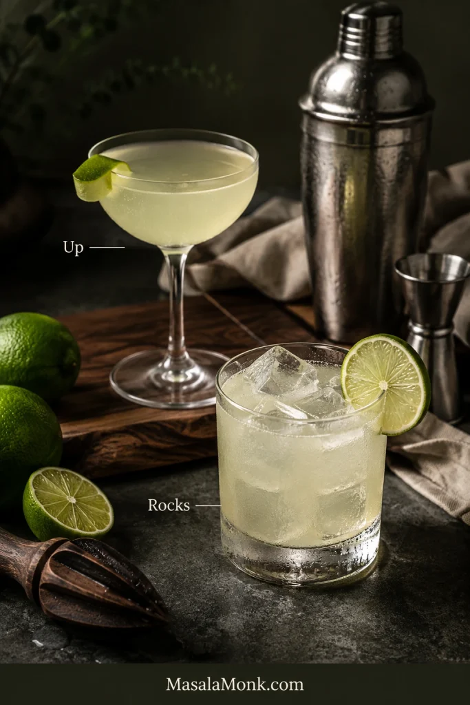 Gimlet served up in a coupe beside a Gimlet on the rocks with large ice cubes, lime garnish, shaker, and jigger.