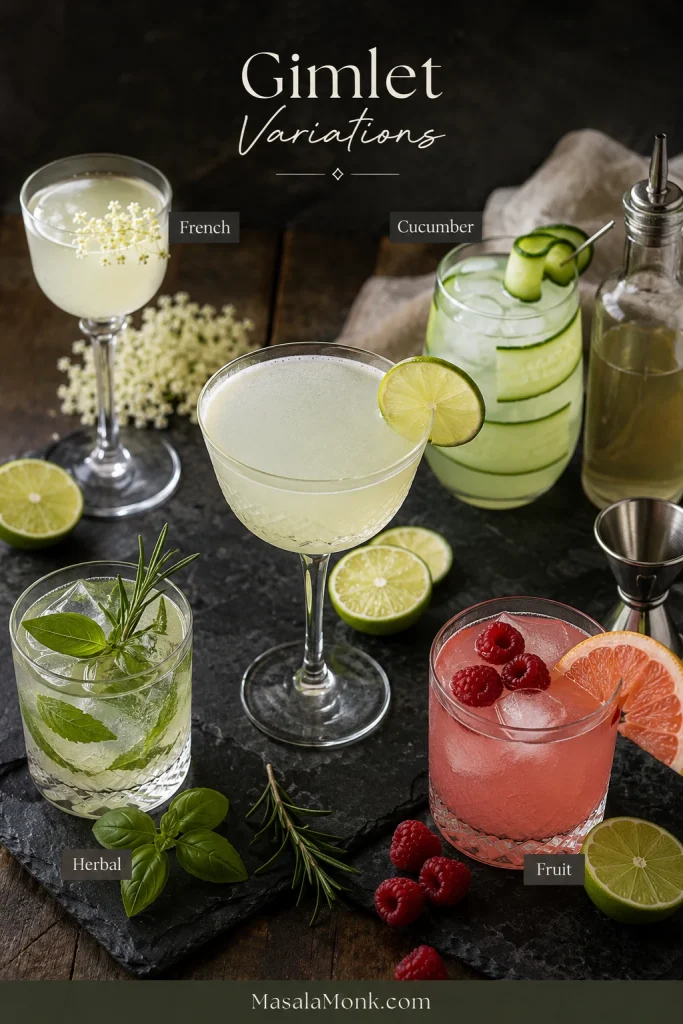 Gimlet variations board with French, cucumber, herbal, and fruit options using elderflower, cucumber, herbs, berries, lime, and glassware.