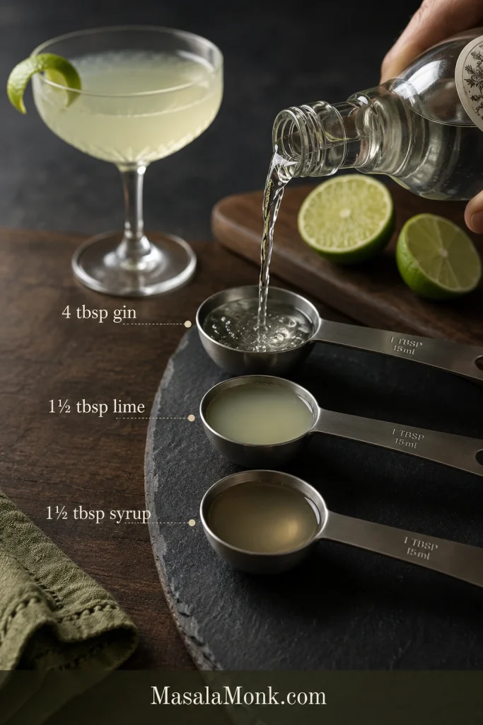 Measuring spoons showing tablespoon amounts for gin, lime juice, and simple syrup to make a Gimlet without a jigger.