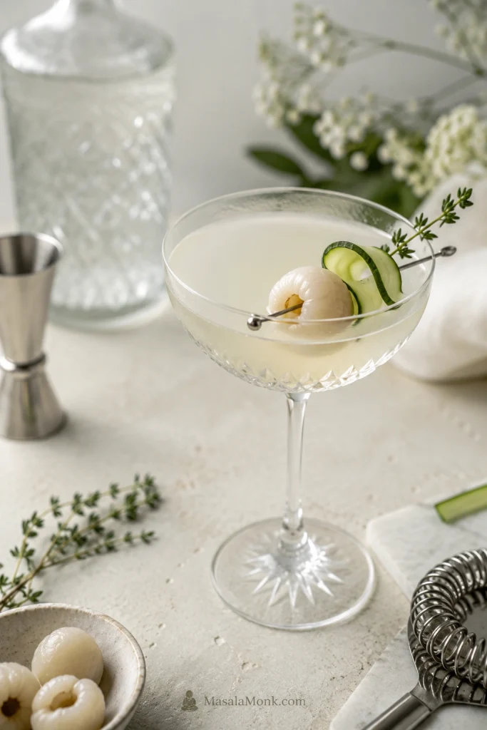 Pale gin lychee martini with lychee garnish, cucumber ribbon, and botanical accents in a stemmed glass.