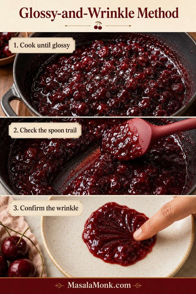 Three-step cherry jam method board showing glossy bubbles, a spoon trail, and jam wrinkling on a plate.