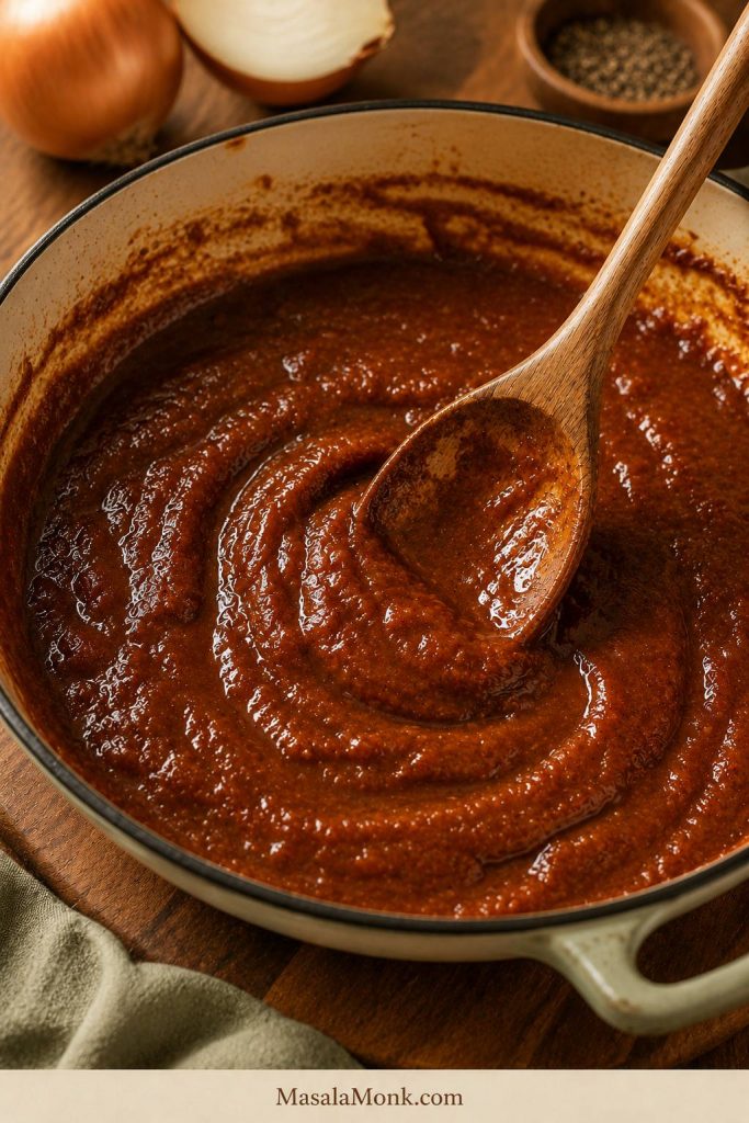 Reddish-brown baked beans sauce coating a spoon in a skillet.