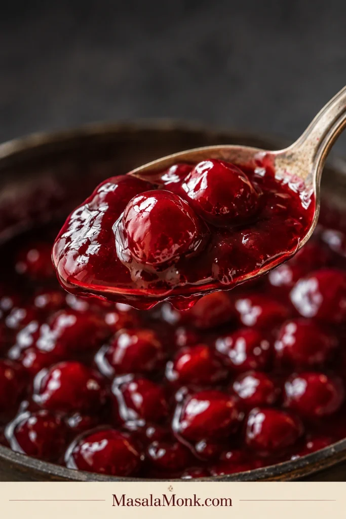A spoon lifted from thick cherry syrup with glossy ruby filling clinging to the spoon and cherries below.