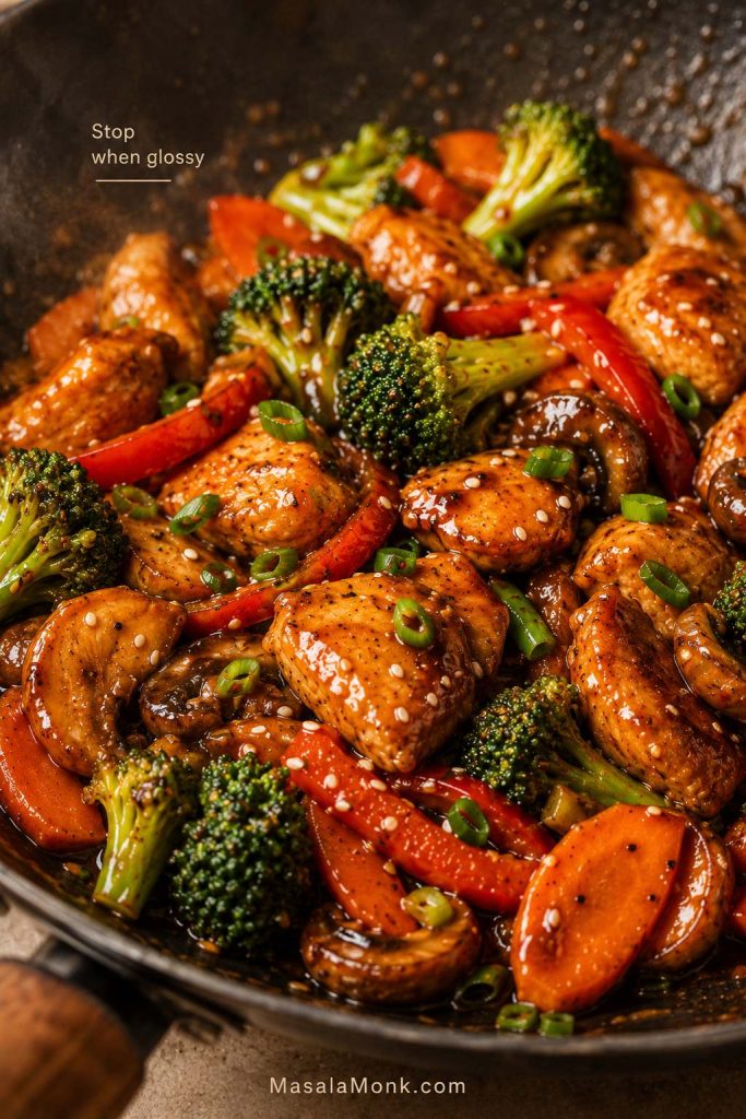 Close-up of glossy chicken stir-fry with broccoli, carrots, red peppers, mushrooms, scallions, and sauce clinging to the food, with small text reading “Stop when glossy.”