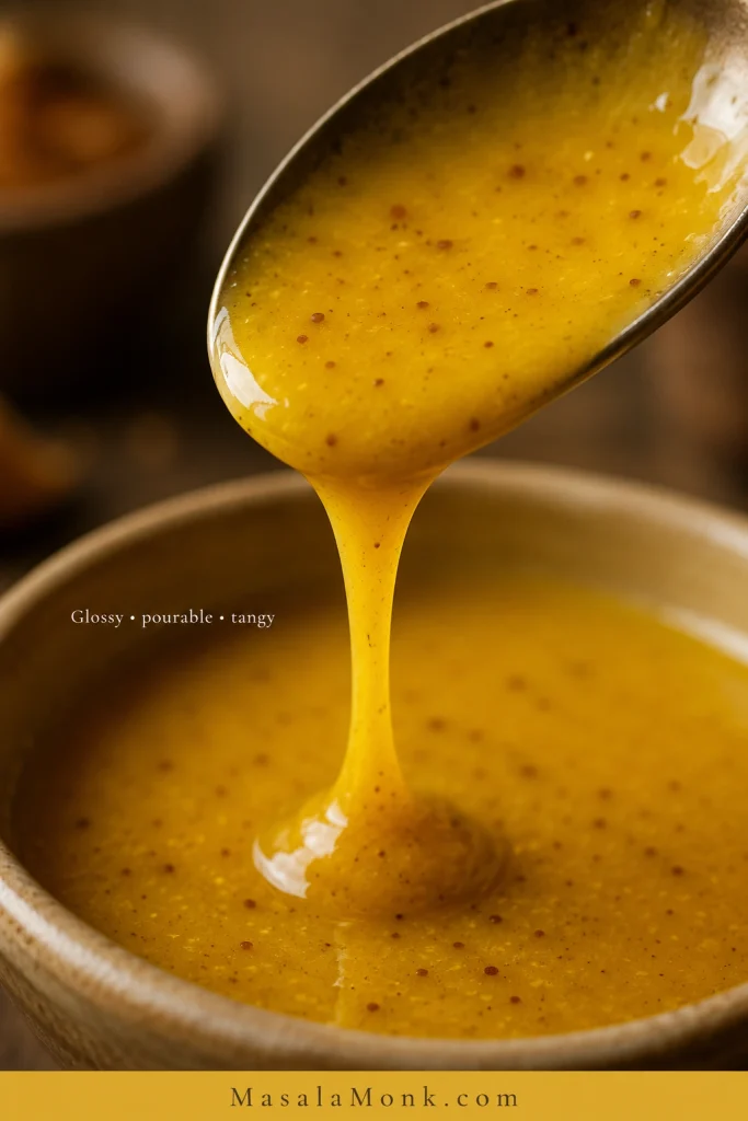 Close-up of glossy golden honey mustard dressing dripping from a spoon into a bowl, with small mustard and pepper specks visible.