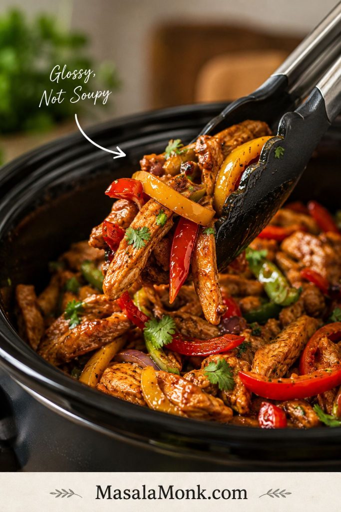 Tongs lifting glossy slow cooker chicken fajita filling with colorful bell peppers and onions from the slow cooker.