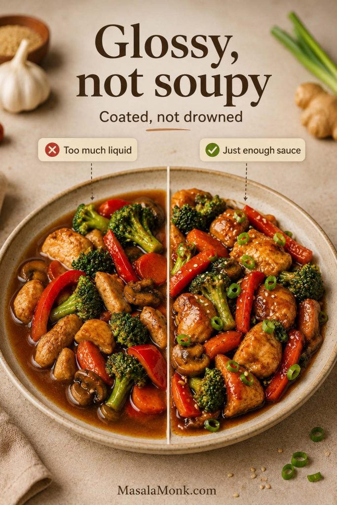 Comparison image with one side showing a stir-fry in too much liquid and the other side showing a coated stir-fry, with text reading “Glossy, not soupy,” “Coated, not drowned,” “Too much liquid,” and “Just enough sauce.”