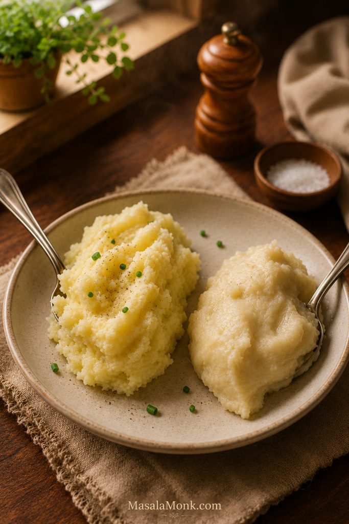 Fluffy mashed potatoes compared with a denser, glossier spoonful of gluey mashed potatoes.