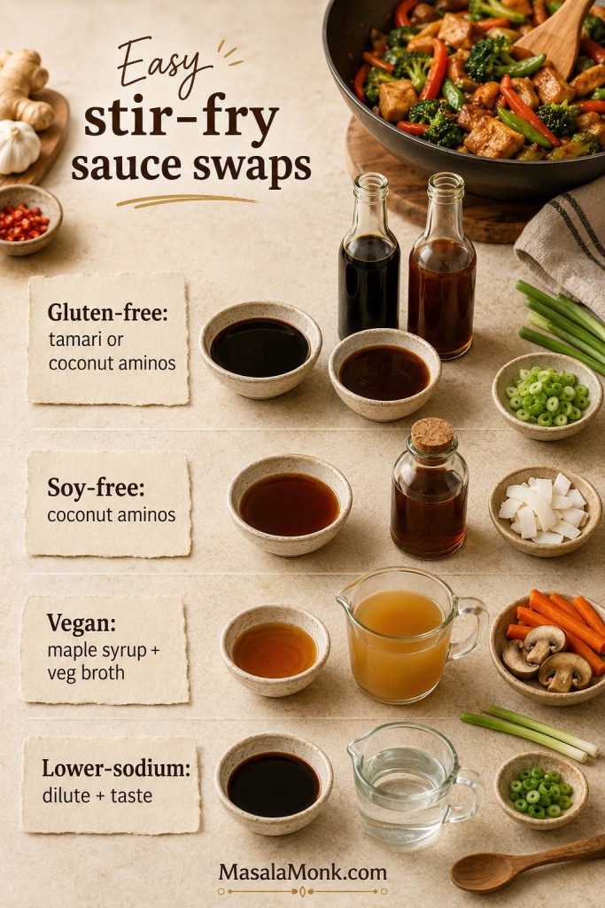 Ingredient-swap guide for stir fry sauce with visible labels for gluten-free tamari or coconut aminos, soy-free coconut aminos, vegan maple syrup and vegetable broth, and lower-sodium dilute and taste.