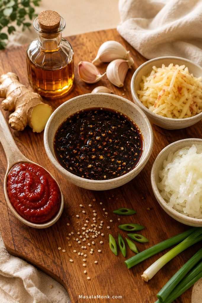 Central bowl of dark soy-garlic sauce with red gochujang on a spoon, grated apple or pear, grated onion, garlic, ginger, sesame oil, and scallions nearby.