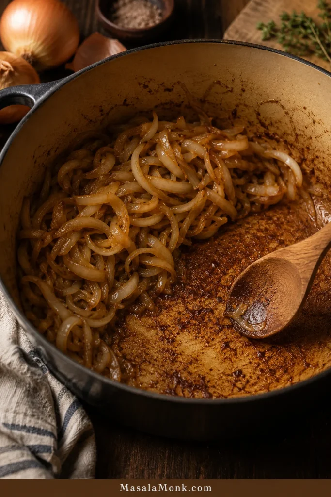 Golden onions with browned fond forming on the bottom of a pot while cooking French onion soup.