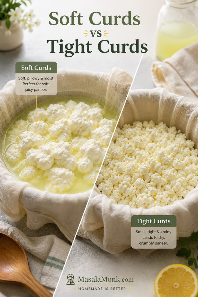 Soft pillowy paneer curds compared with tight grainy paneer curds in pale whey.