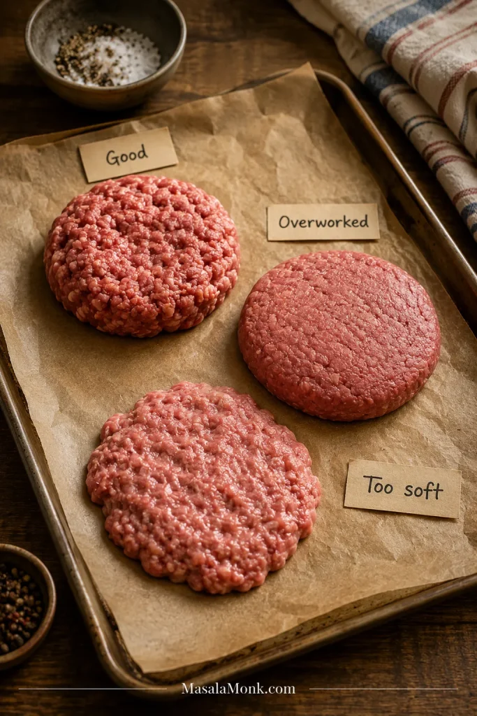 Three raw burger patties on a parchment-lined tray labeled good, overworked, and too soft.