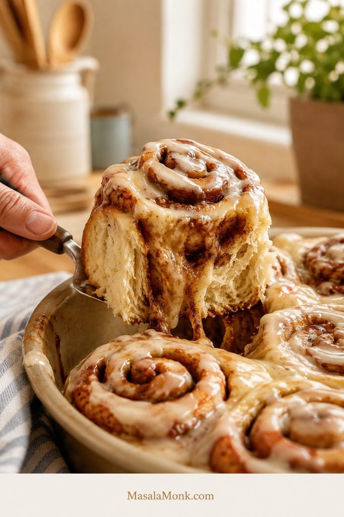 Gooey cinnamon roll pulled apart to show a soft baked center