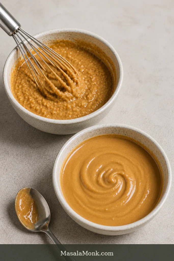 Two bowls of peanut sauce showing a grainy mixture with a whisk and a smooth sauce after mixing