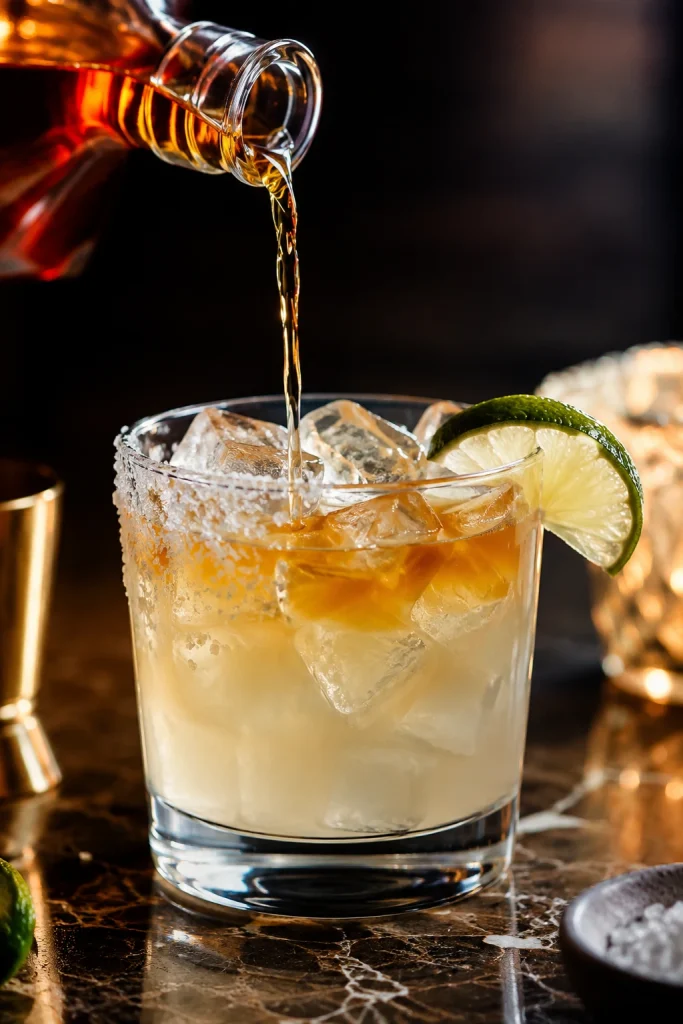 Amber Grand Marnier being poured over a Cadillac Margarita in a rocks glass with clear ice, lime garnish, and a salt rim.