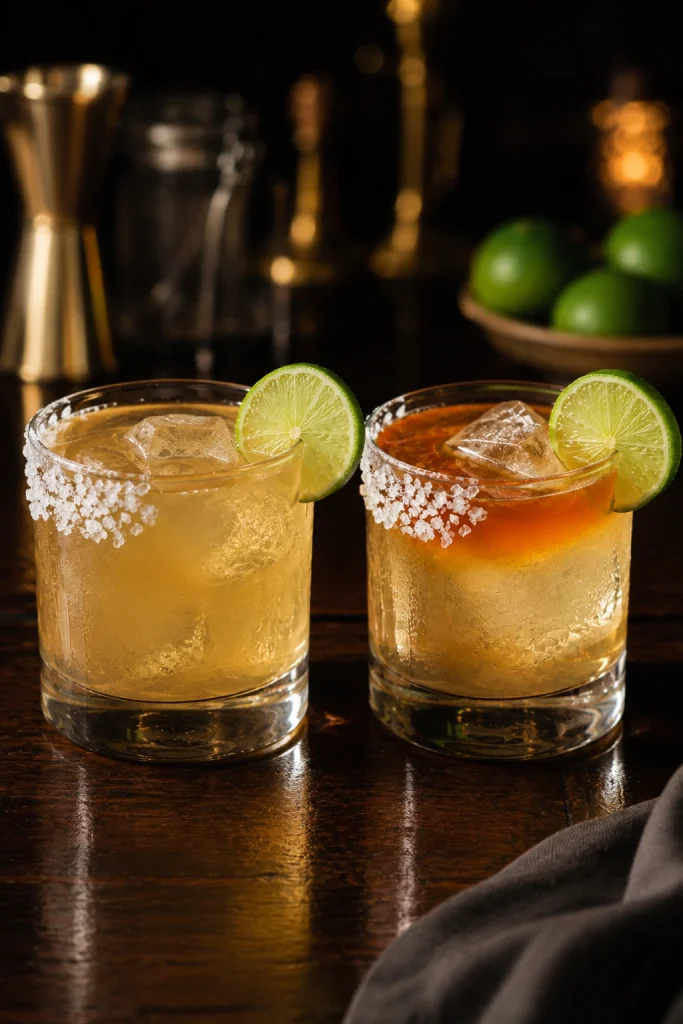 Two Cadillac Margaritas side by side, one evenly mixed and one with a visible amber Grand Marnier layer on top.