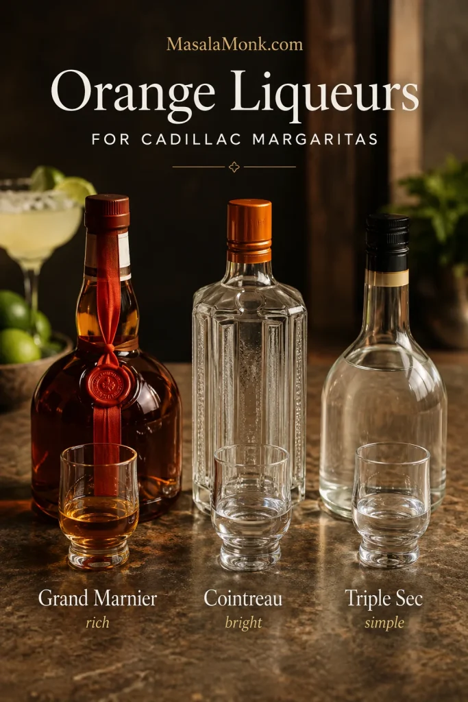 Orange liqueur comparison for Cadillac Margaritas showing Grand Marnier, Cointreau, and triple sec with small tasting glasses.