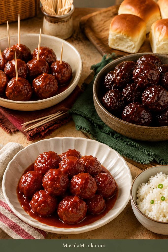 Three grape jelly meatball sauce versions with chili sauce, BBQ sauce, and ketchup served with party sides.