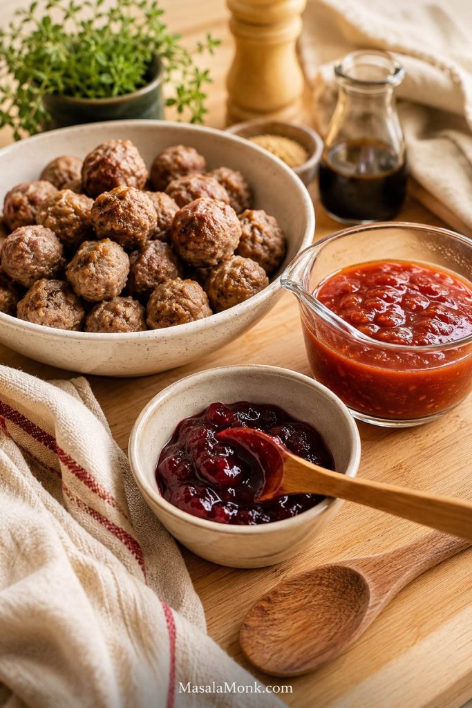 Ingredients for grape jelly meatballs with cooked meatballs, grape jelly, chili sauce, Worcestershire sauce, and seasonings on a wooden surface.