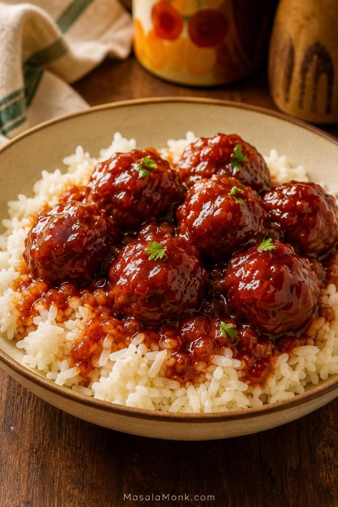 Grape jelly meatballs served over steamed white rice in a shallow bowl with sauce soaking into the rice.