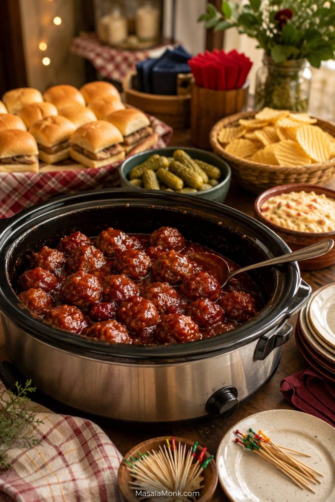 Grape jelly meatballs on a party table with slider buns, pickles, chips, dip, toothpicks, napkins, and small plates.