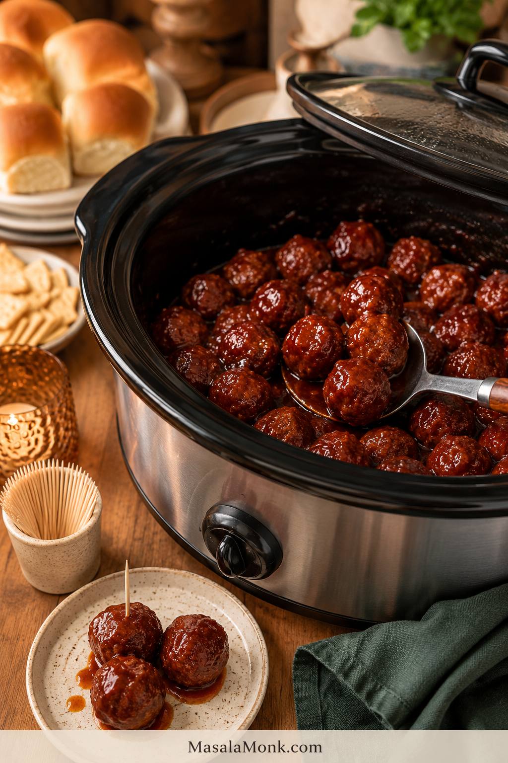 Slow cooker filled with glossy red-brown meatballs, with a serving spoon, toothpicks, small plates, slider buns, and folded napkins on a party table.