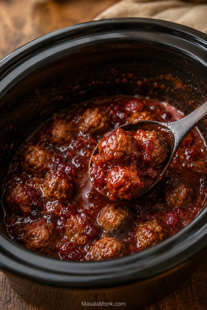 A spoon lifting grape jelly meatballs from a slow cooker while the sauce is partly melted and uneven.