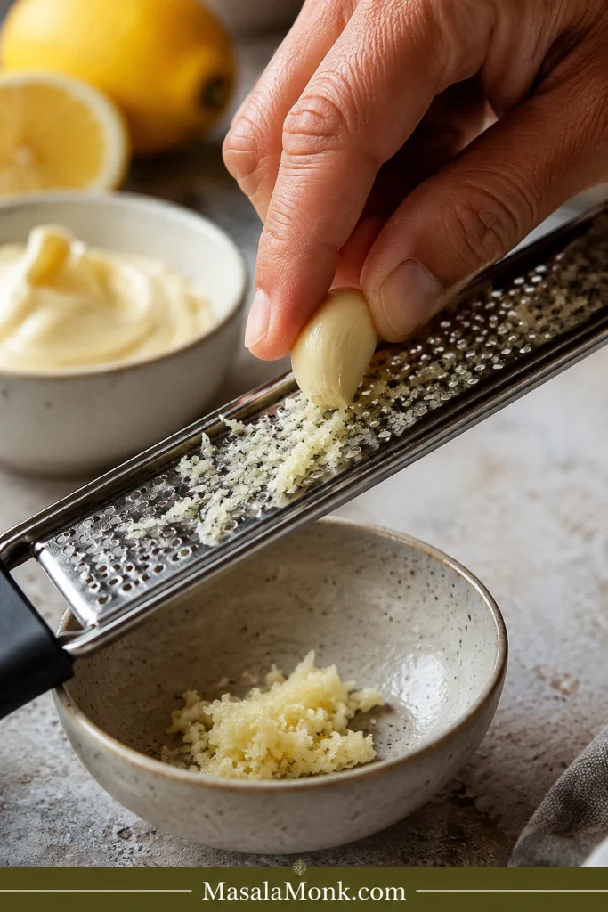 Hand grating a peeled garlic clove on a microplane over a small bowl with lemon and mayonnaise nearby.