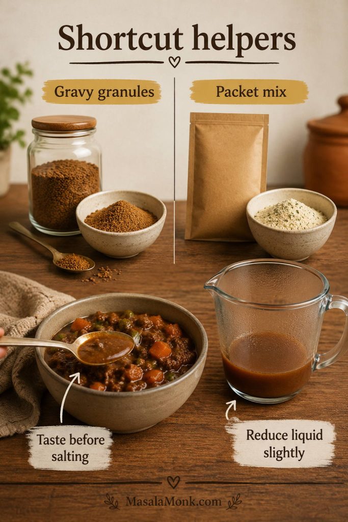 Shortcut helper board showing gravy granules, packet mix, glossy beef filling, a measuring jug, and a tasting spoon.