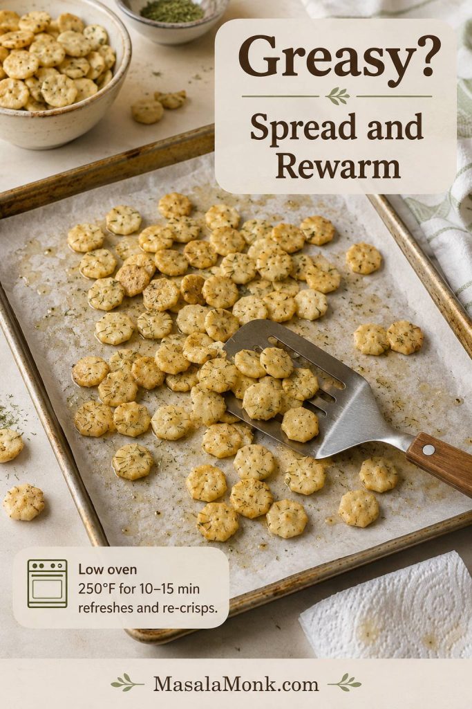 Greasy ranch oyster crackers spread on a parchment-lined baking sheet with a spatula and paper towel nearby.