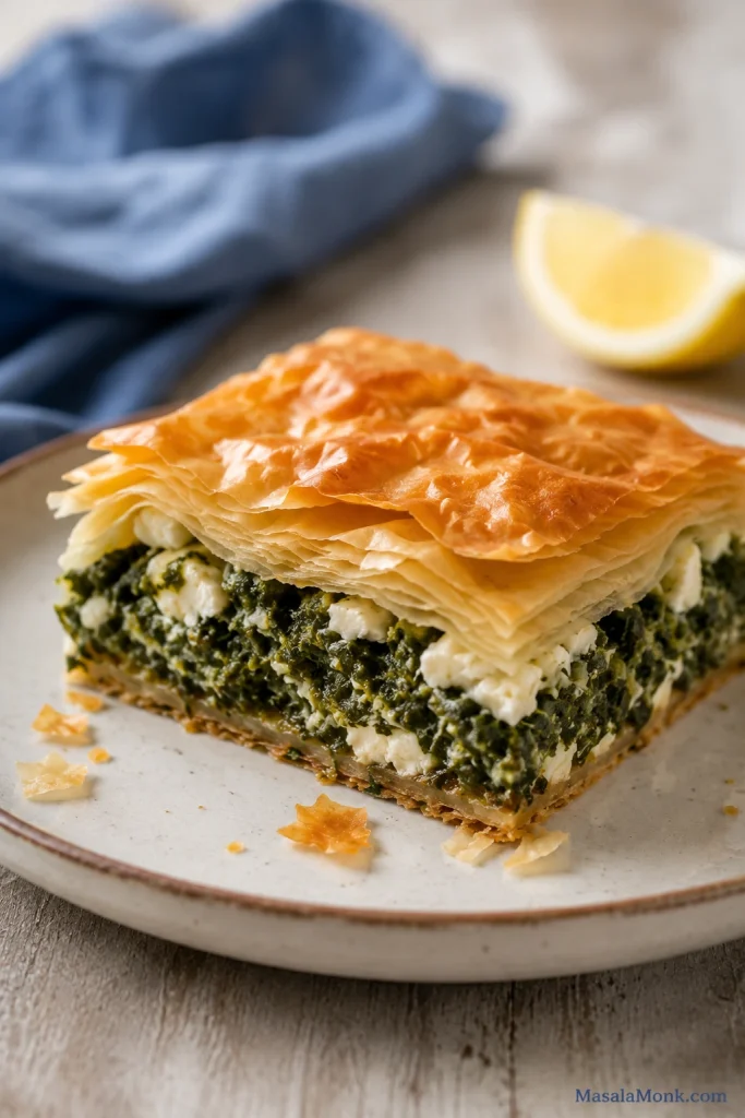 A plated slice of Greek spinach pie showing flaky phyllo layers, green spinach filling, and white feta pieces.