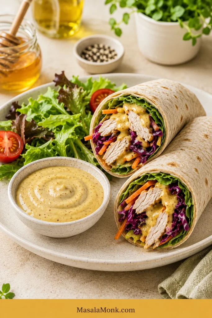 Greek yogurt honey mustard dressing served beside chicken wraps filled with lettuce, cabbage, carrots, and golden dressing.