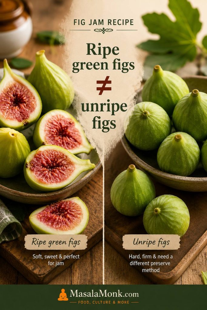 Ripe green-skinned figs with pink centers compared with hard unripe green figs.